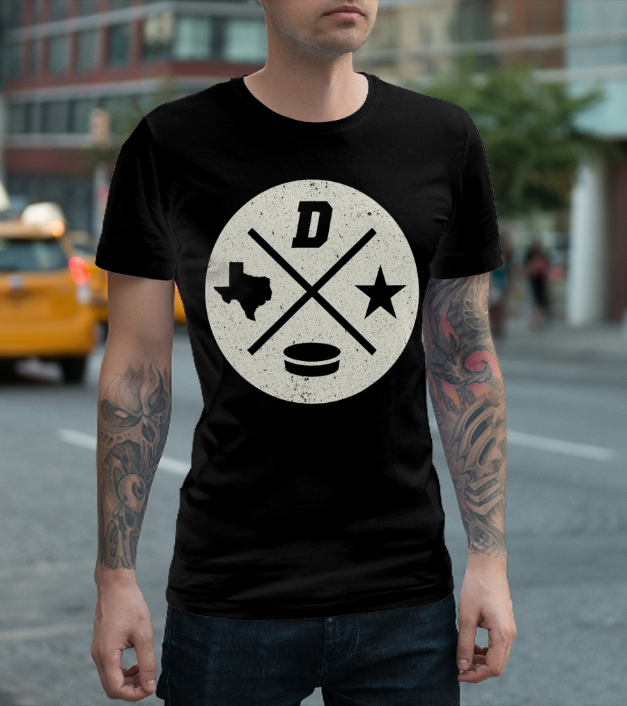 D Texas Star Hockey Puck Retro Style Dallas Ice Hockey T-Shirt