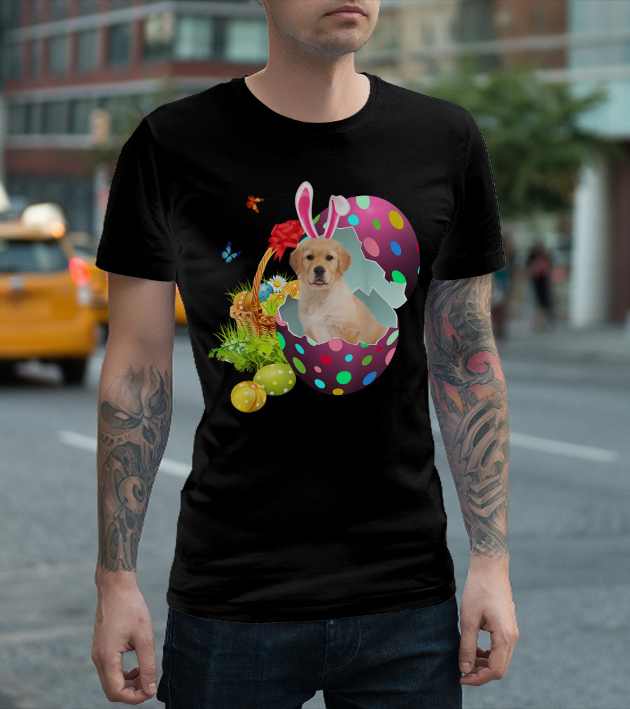 Bunny Ear Golden Retriever in Easter Egg Basket with Butterflies and Flowers T-Shirt