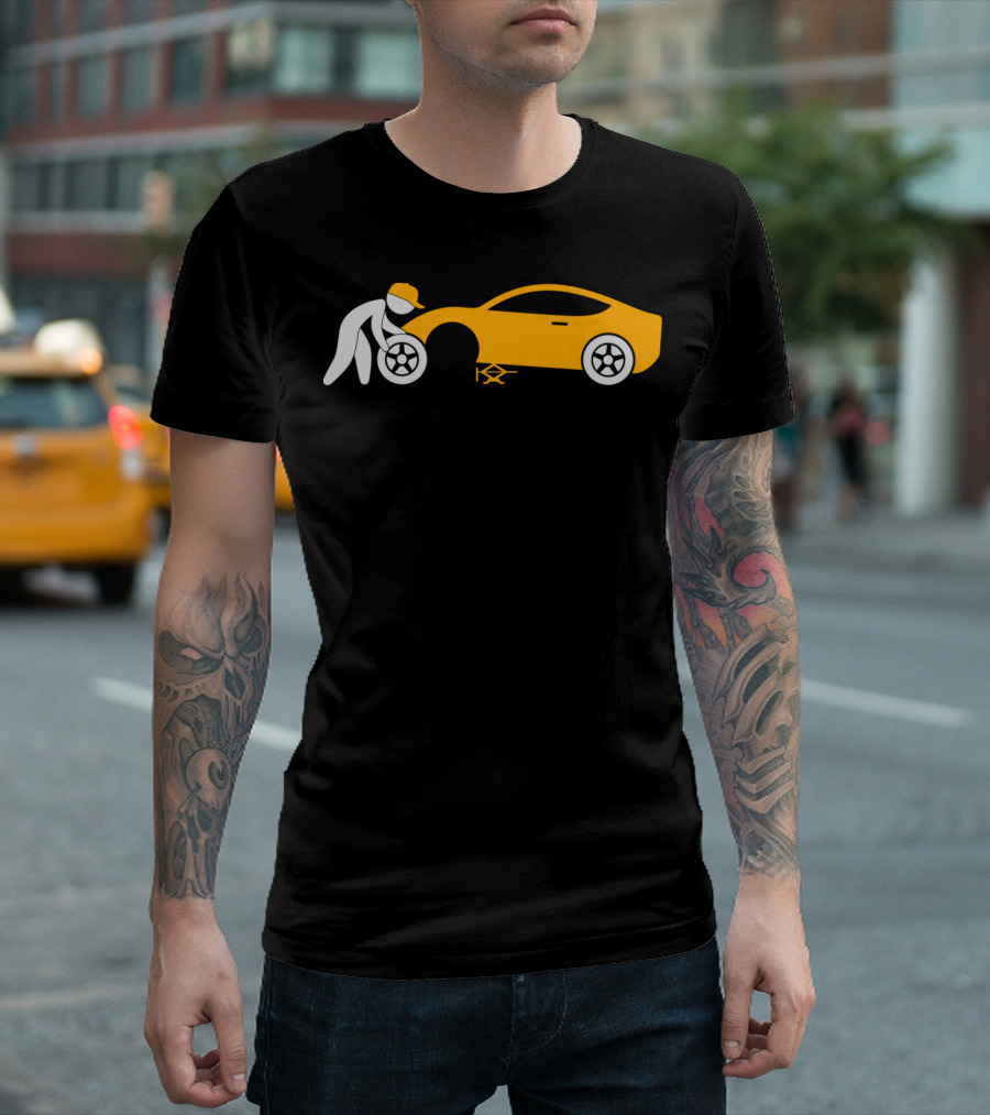 Mechanic Repairing Car Silhouette with Orange Sports Car T-Shirt