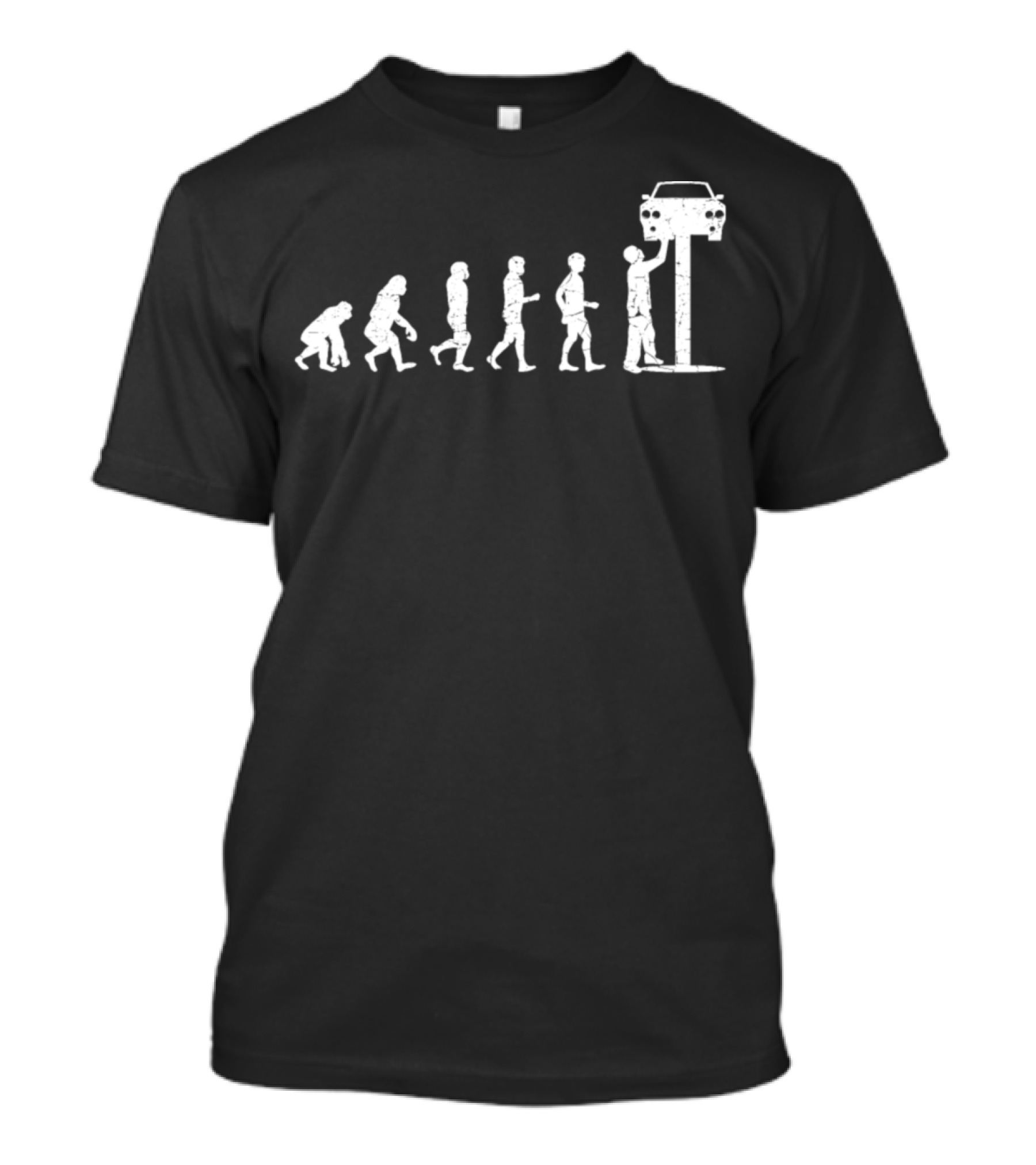 Evolution Of Car Mechanic Tools Featuring Human Development To Modern Car Maintenance T-Shirt