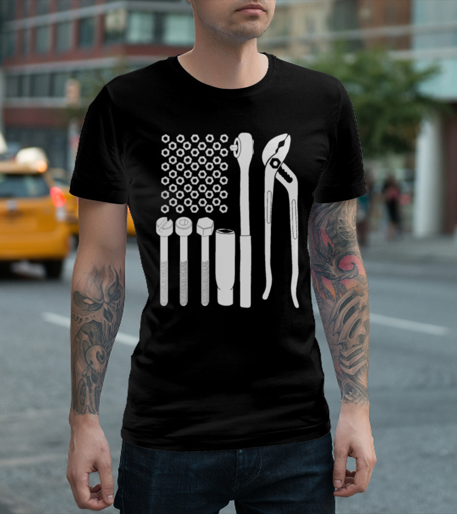 USA Flag Tools Nuts Wrenches Pliers for Car Mechanic Garage T-Shirt