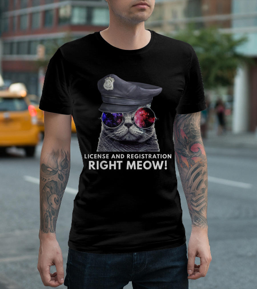 LICENSE AND REGISTRATION RIGHT MEOW POLICE CAT WITH GALAXY SUNGLASSES T-Shirt