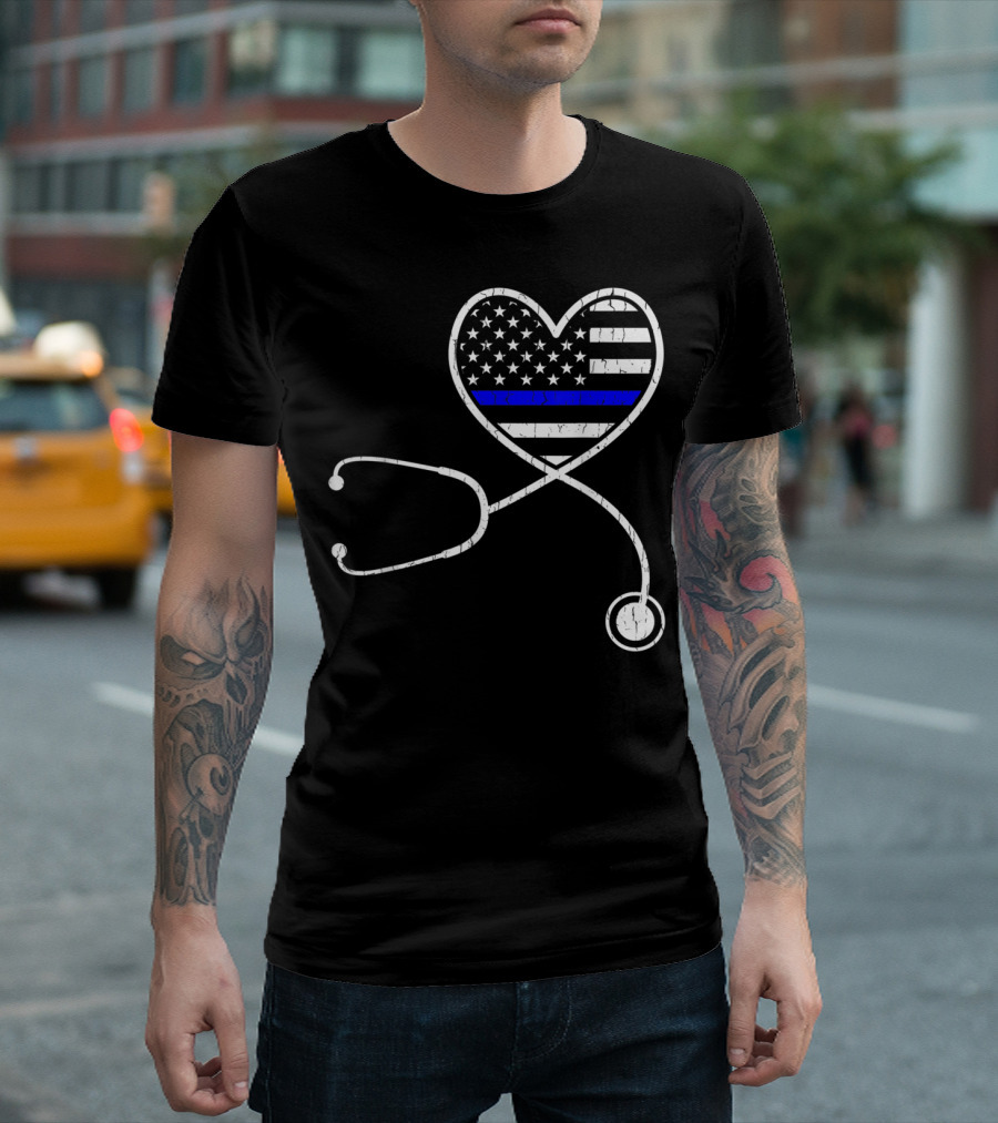 Thin Blue Line Flag Heart With Stethoscope Police Wife Nurse Life T-Shirt