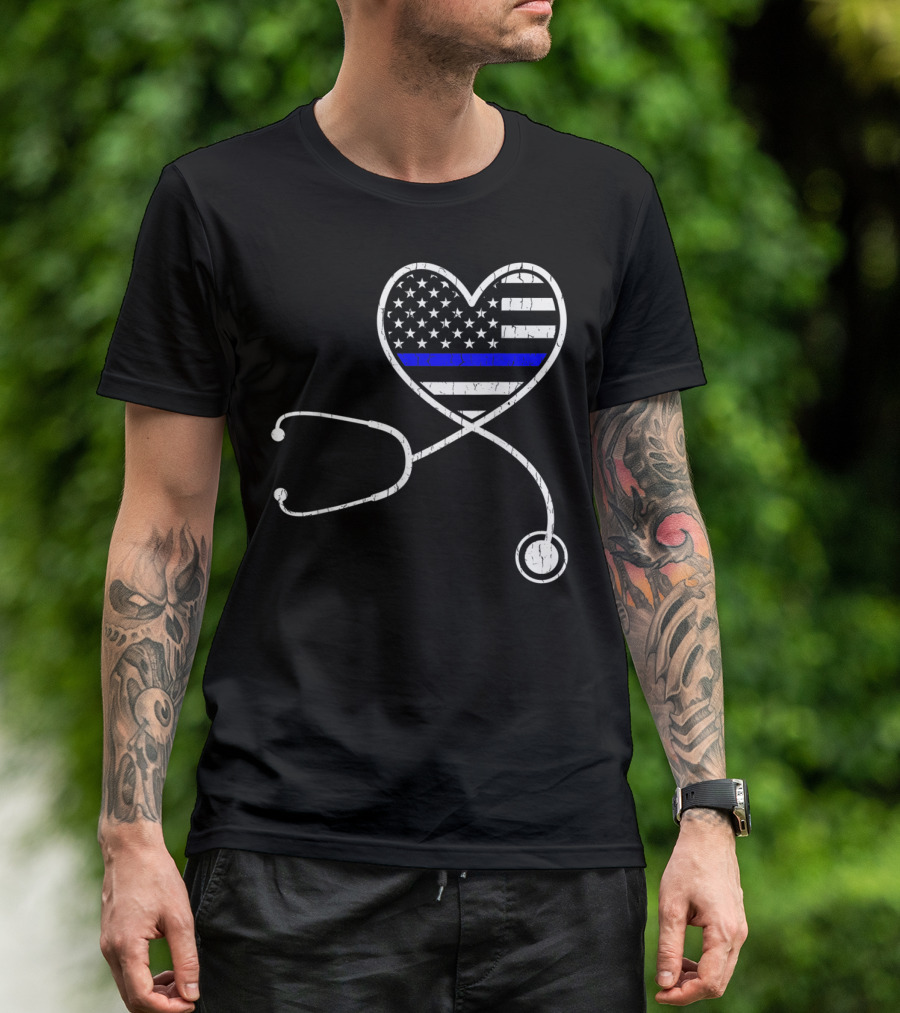 Thin Blue Line Flag Heart With Stethoscope Police Wife Nurse Life T-Shirt