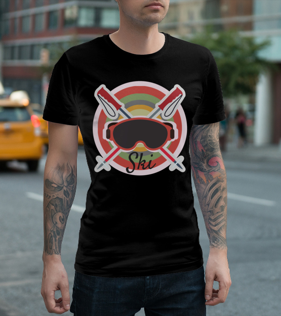 Ski Love Skiing Ski Goggles and Crossed Poles Retro Circle T-Shirt