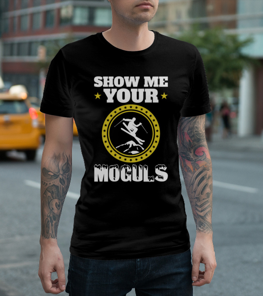 Show Me Your Moguls Skiing Silhouette with Stars and Circle T-Shirt