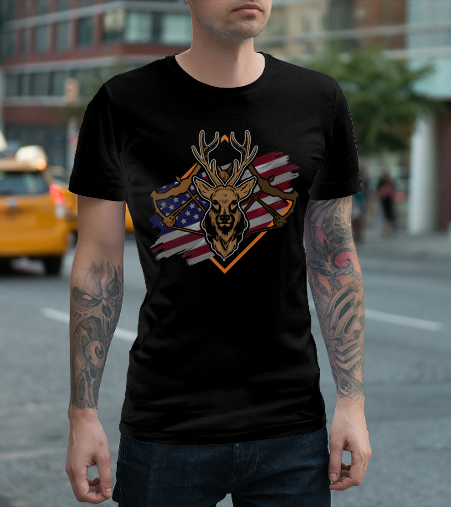 Patriotic Deer Bow Hunting with American Flag and Crossbow T-Shirt