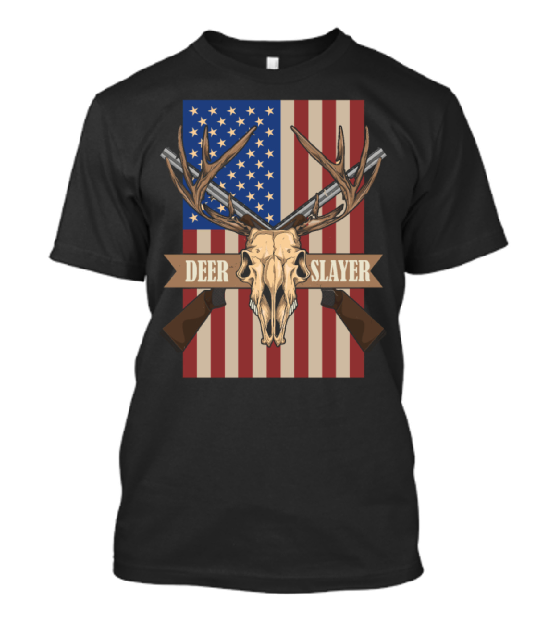 Deer Slayer Antlers And Guns On USA Flag Background T-Shirt