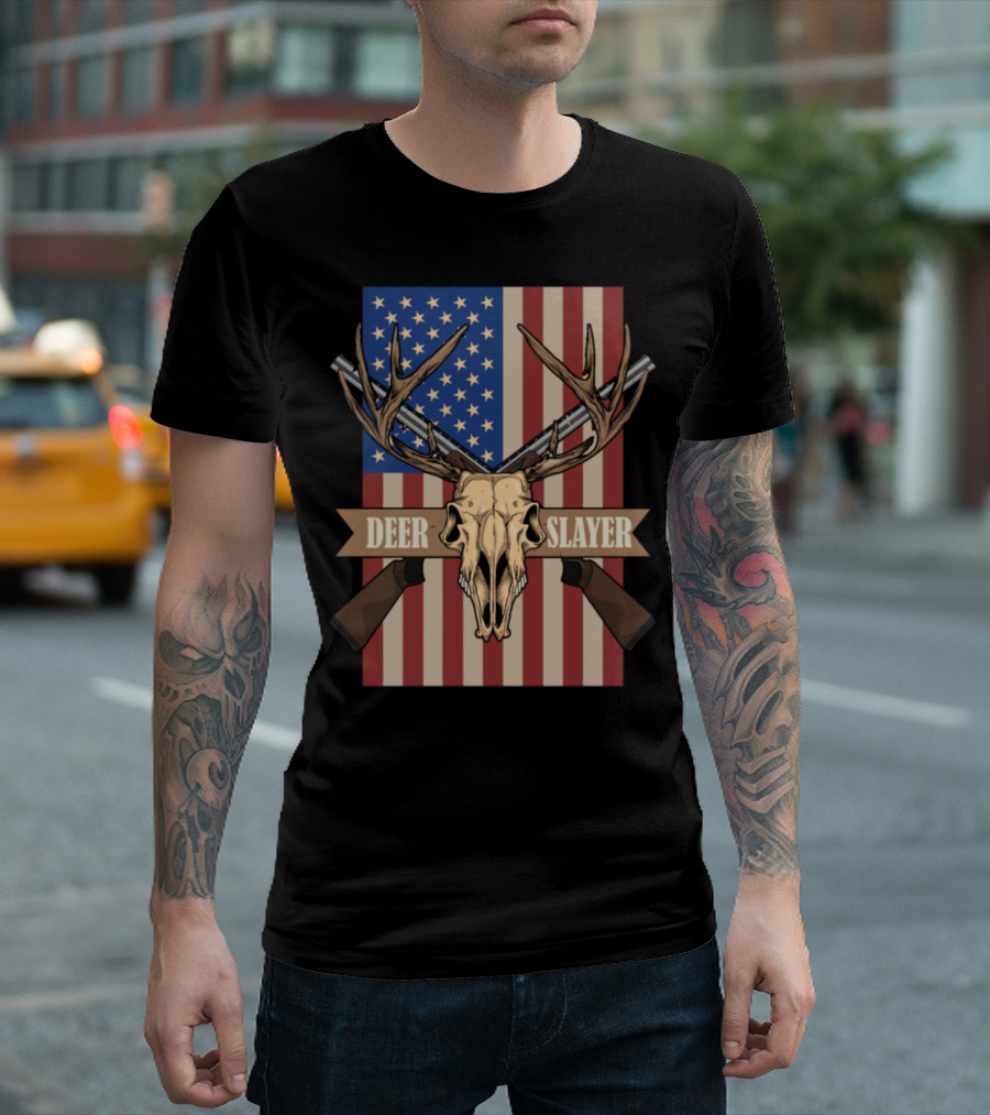 Deer Slayer Antlers And Guns On USA Flag Background T-Shirt