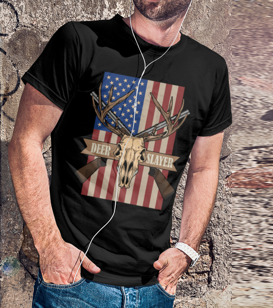 Deer Slayer Antlers And Guns On USA Flag Background T-Shirt