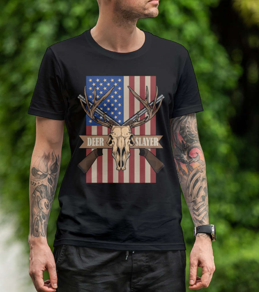Deer Slayer Antlers And Guns On USA Flag Background T-Shirt