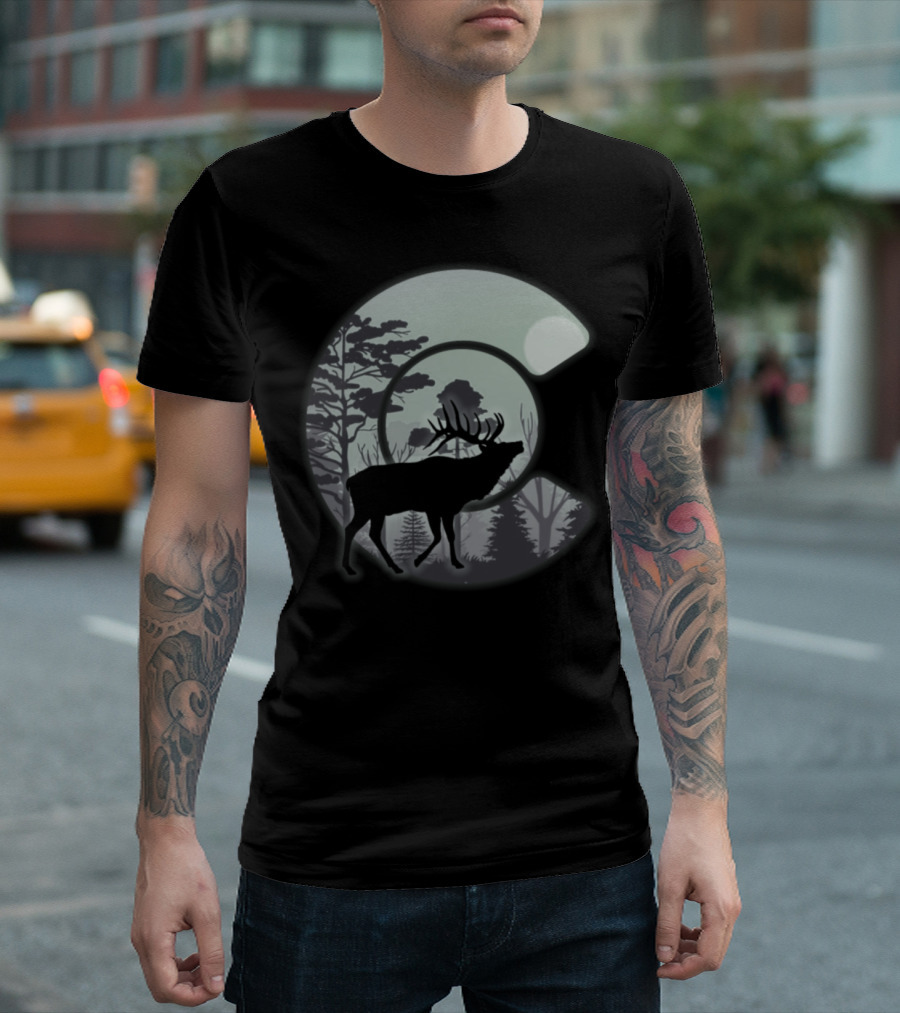 Elk Hunting In Moonlit Forest With Deer And Moose T-Shirt