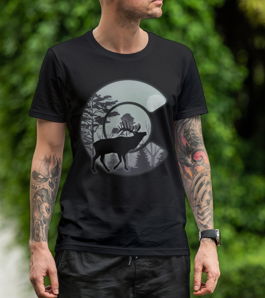 Elk Hunting In Moonlit Forest With Deer And Moose T-Shirt