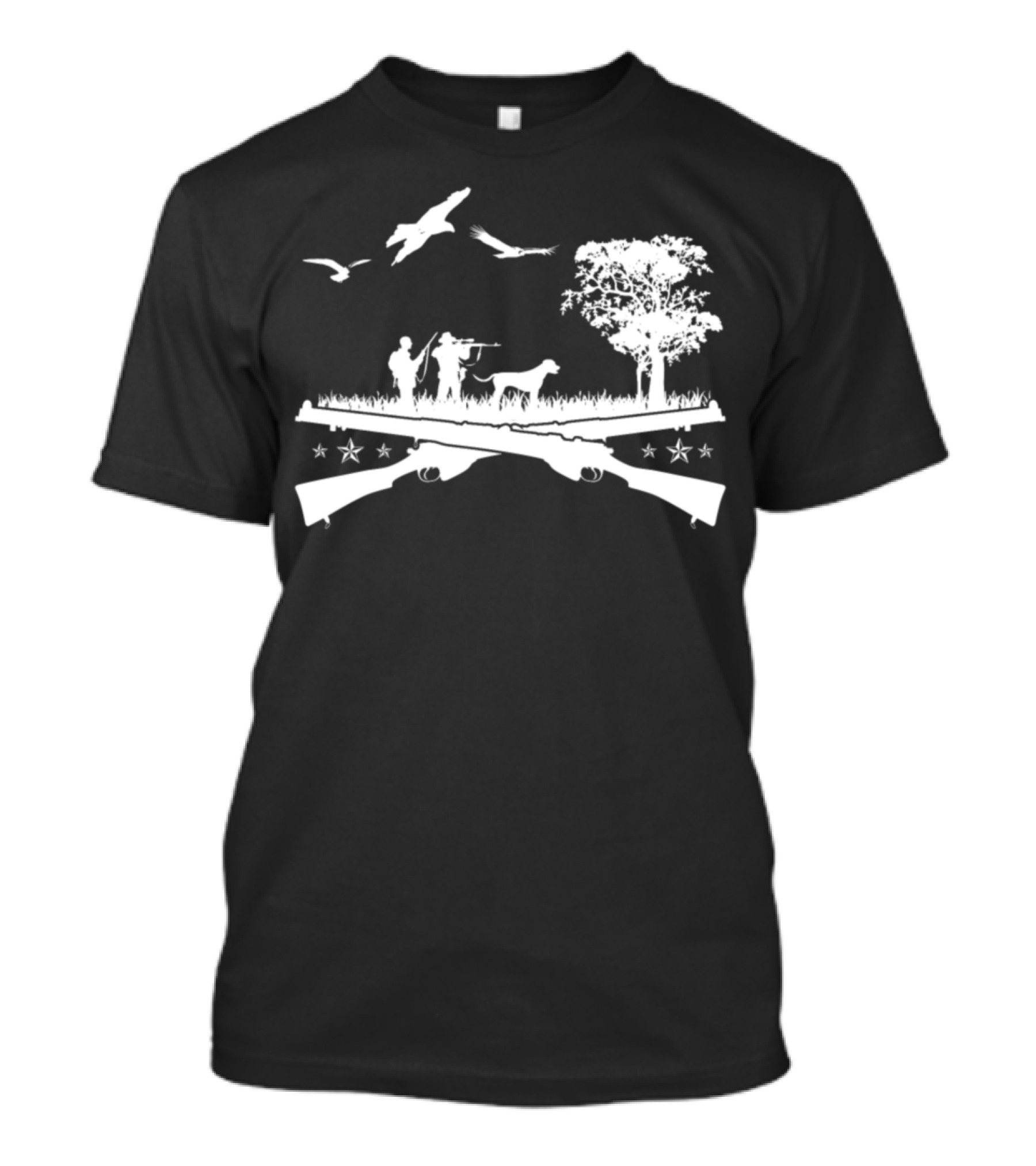 Hunter And Forest: Funny Deer Hunting Scene With Guns And Birds T-Shirt