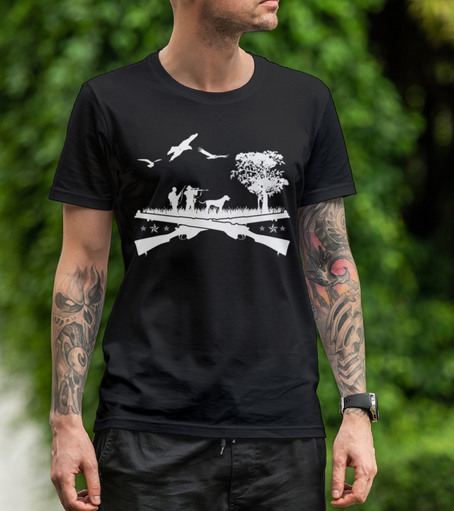 Hunter And Forest: Funny Deer Hunting Scene With Guns And Birds T-Shirt