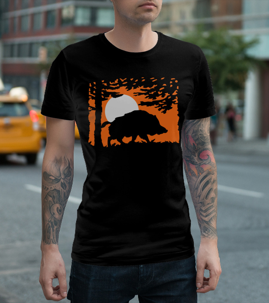 Wildboar Silhouette Under Full Moon And Trees T-Shirt