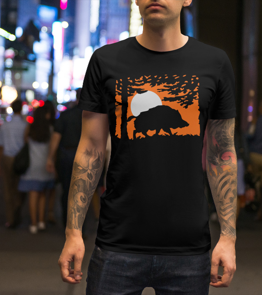 Wildboar Silhouette Under Full Moon And Trees T-Shirt