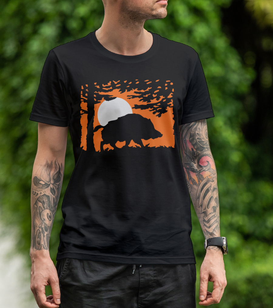 Wildboar Silhouette Under Full Moon And Trees T-Shirt