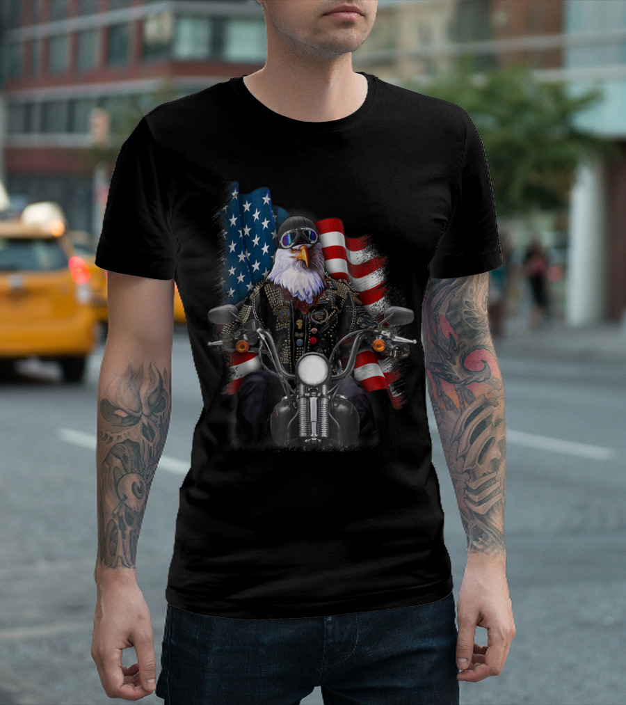 Bald Eagle Biker with American Flags Riding Motorcycle T-Shirt