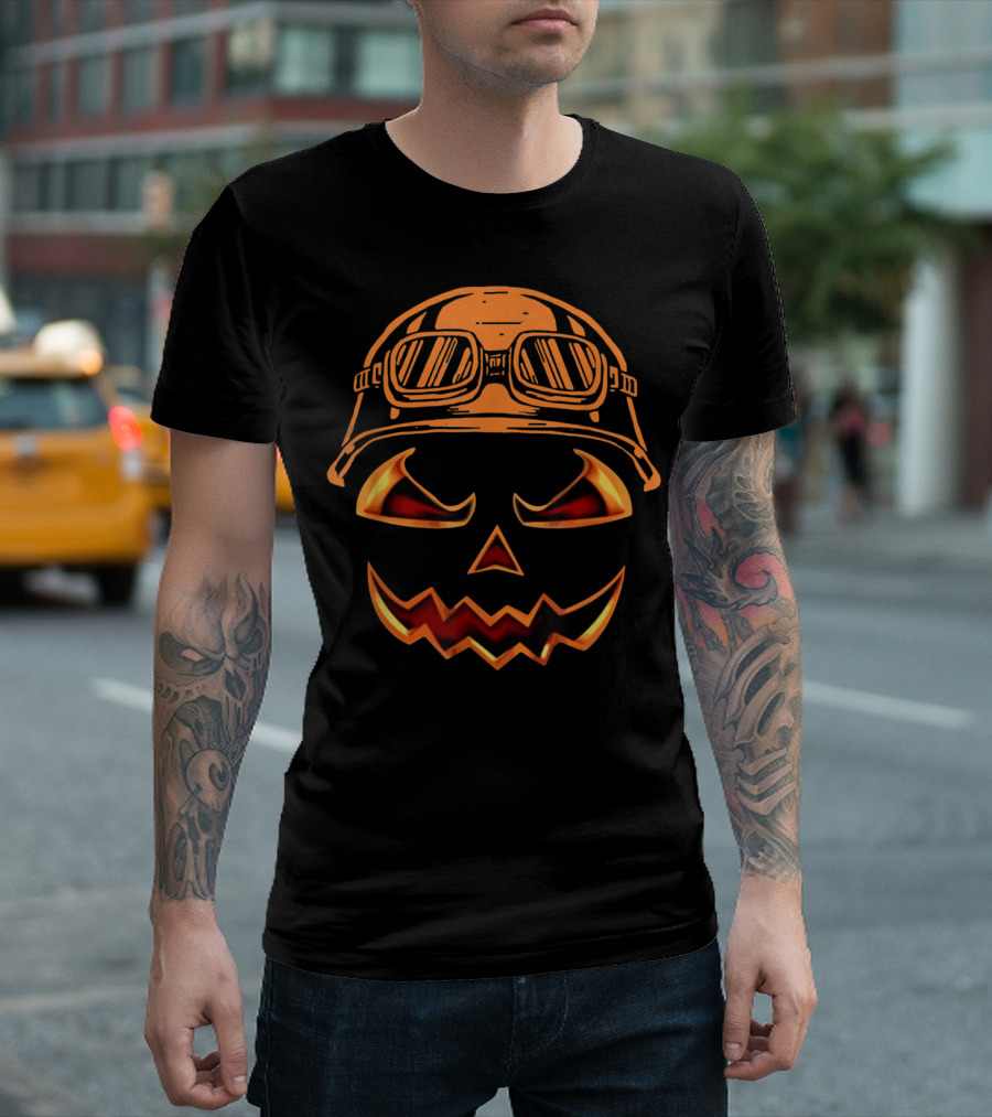 Biker Pumpkin Helmet with Goggles Halloween Face T-Shirt