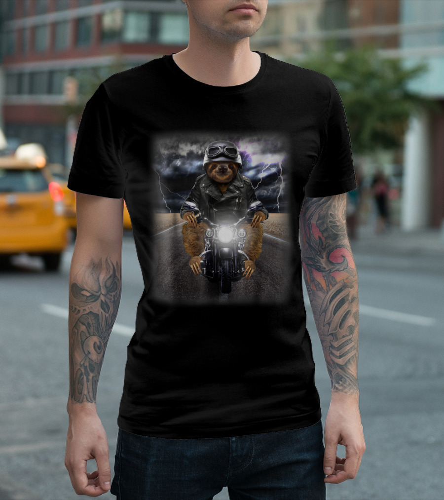 Biker Sloth Riding Motorcycle Through Stormy Highway T-Shirt