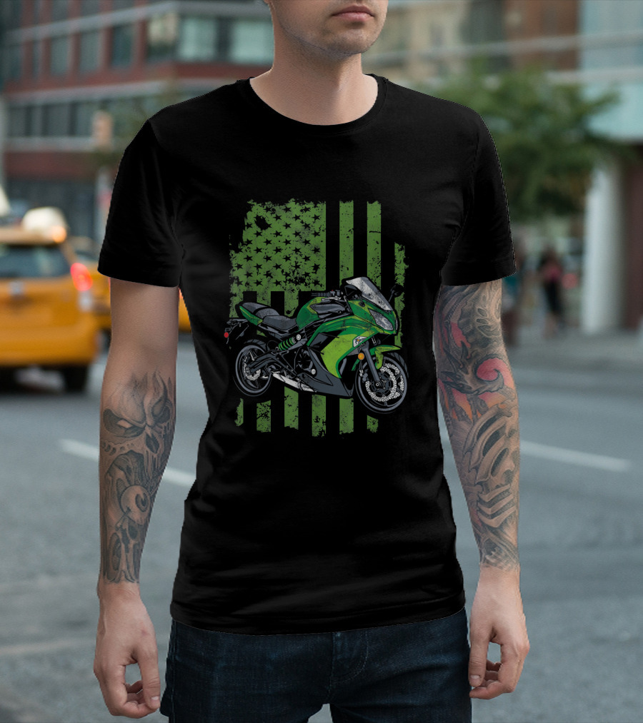 Distressed Green Motorcycle with USA Flag Background T-Shirt