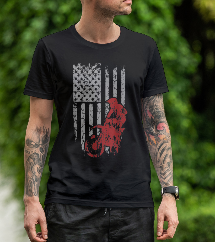 Dirt Bike Awesome American Biker Flag Motocross T-Shirt