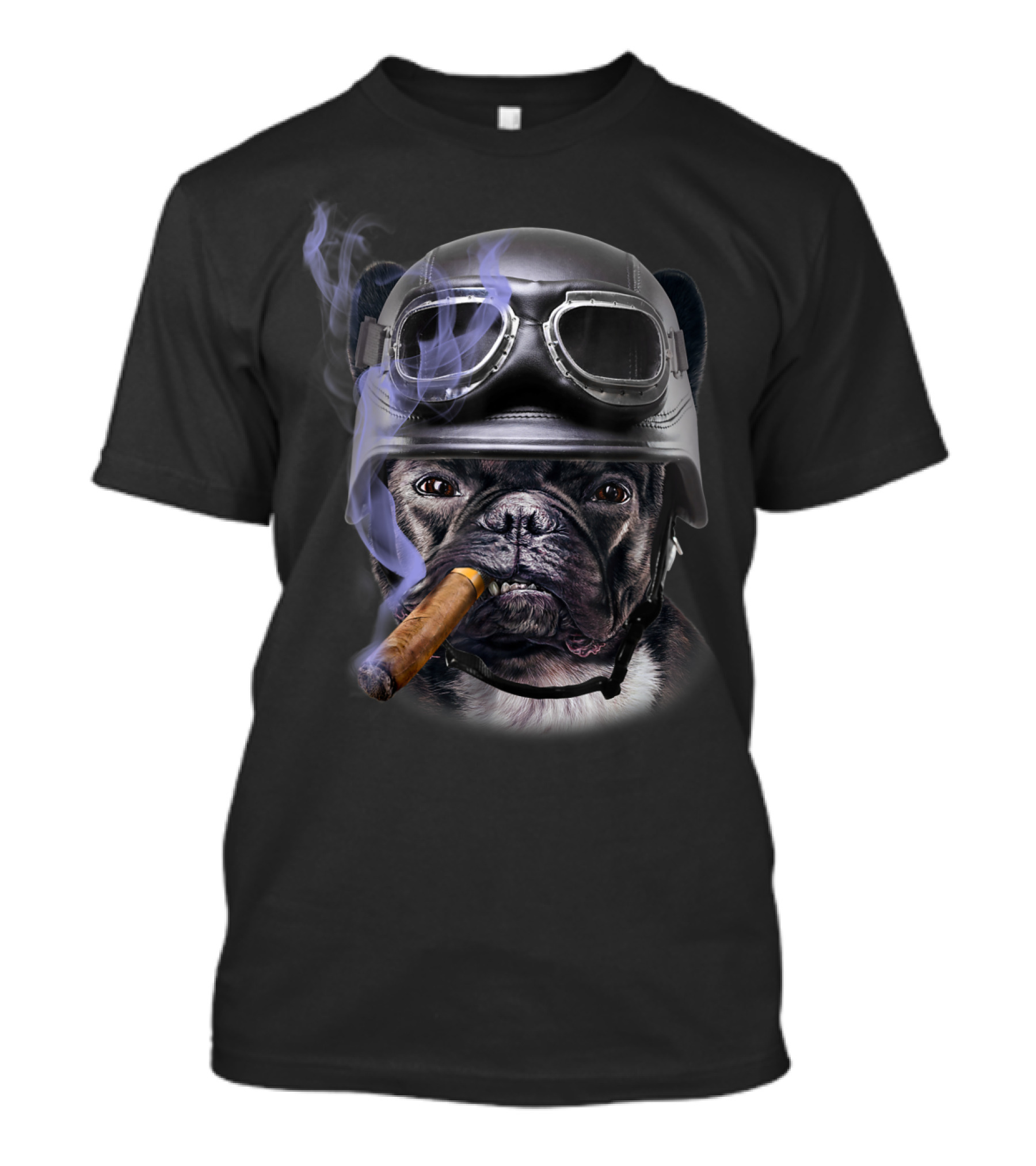 French Bulldog Smoking Cigar In Biker Helmet With Goggles T-Shirt