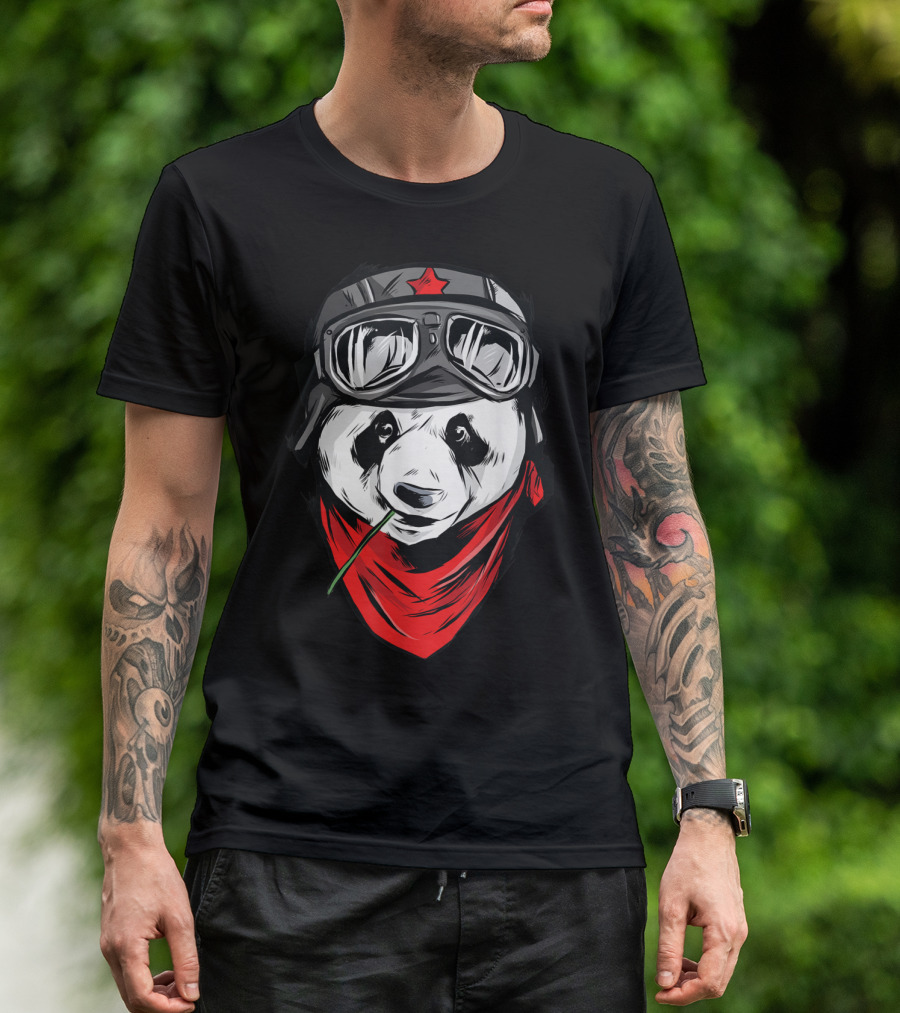 Giant Panda Biker Bear Bamboo Red Scarf Chinese Moto T-Shirt