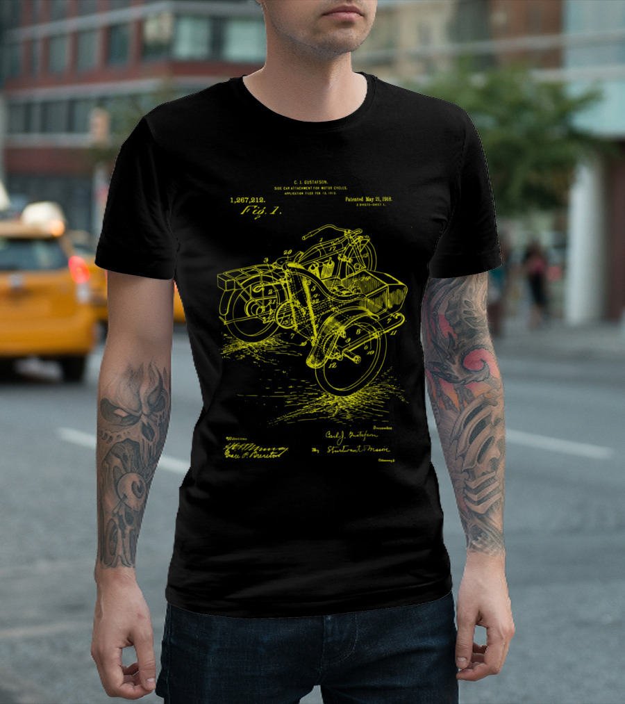 C.L. Gustafson Side Car Attachment For Motor Cycles Patent 1,267,212 May 21, 1918 Vintage Blueprint Print T-Shirt