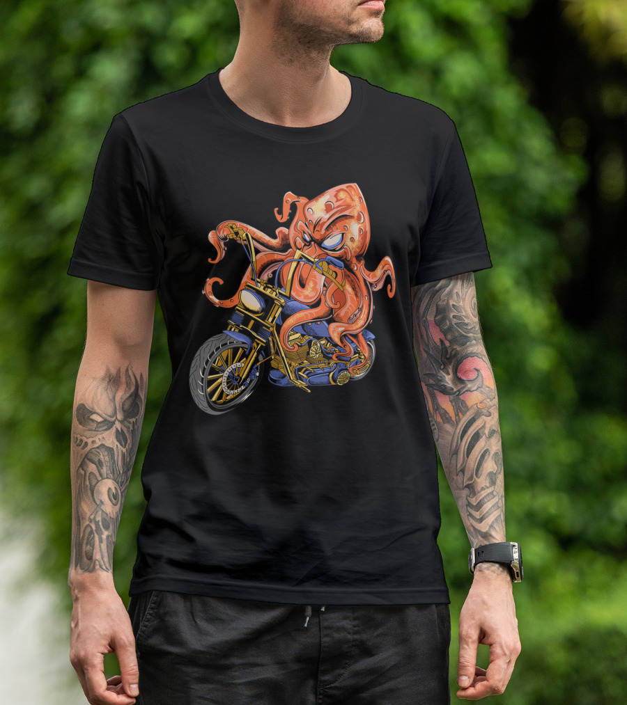 Octopus Riding Motorcycle Bike Biker Adventure T-Shirt