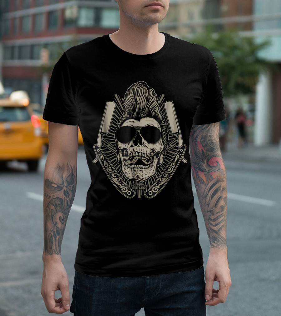 Rockabilly Skull Psychobilly Vintage Greaser Hair Pompadour Razors Badge T-Shirt