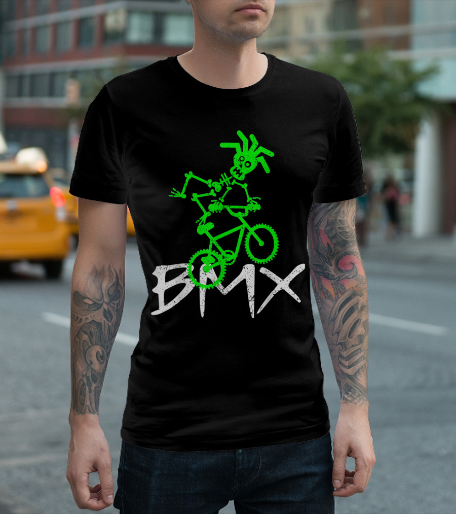 Skeleton BMX Glow Green Stunt Rider T-Shirt