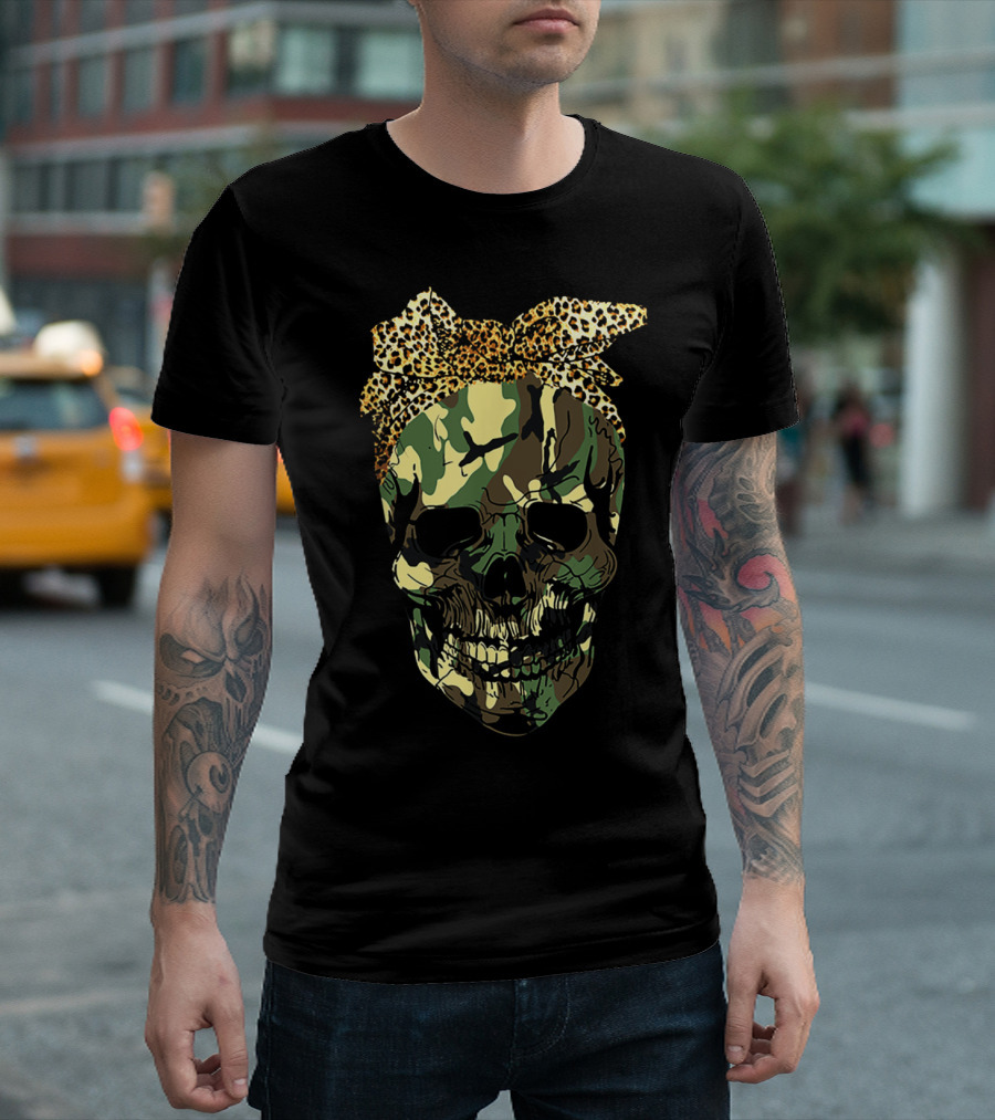 Skull Head Camouflage and Leopard Print Scar Bow T-Shirt