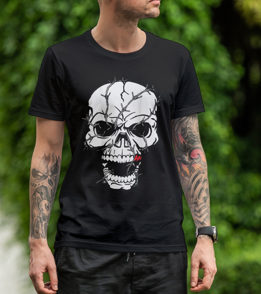 Terror Skull Rocker Biker Barbed Head T-Shirt