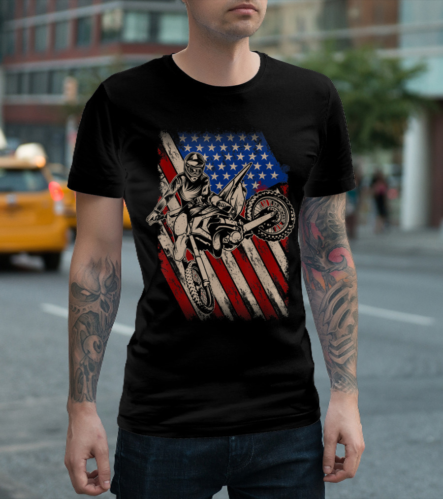 Vintage Motocross Dirt Bike American Flag Rider T-Shirt