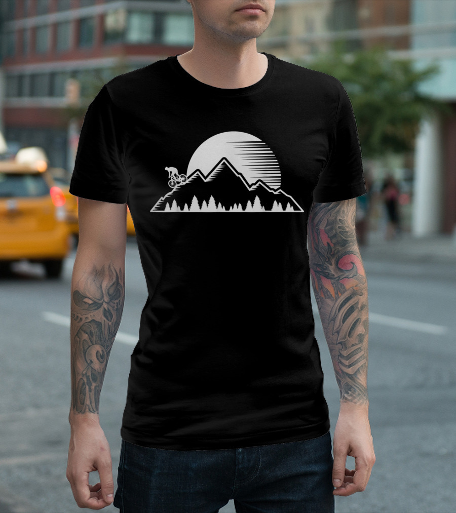 Vintage Downhill Mountain Biking Adventure with MTB Rider and Scenic Mountainscape T-Shirt