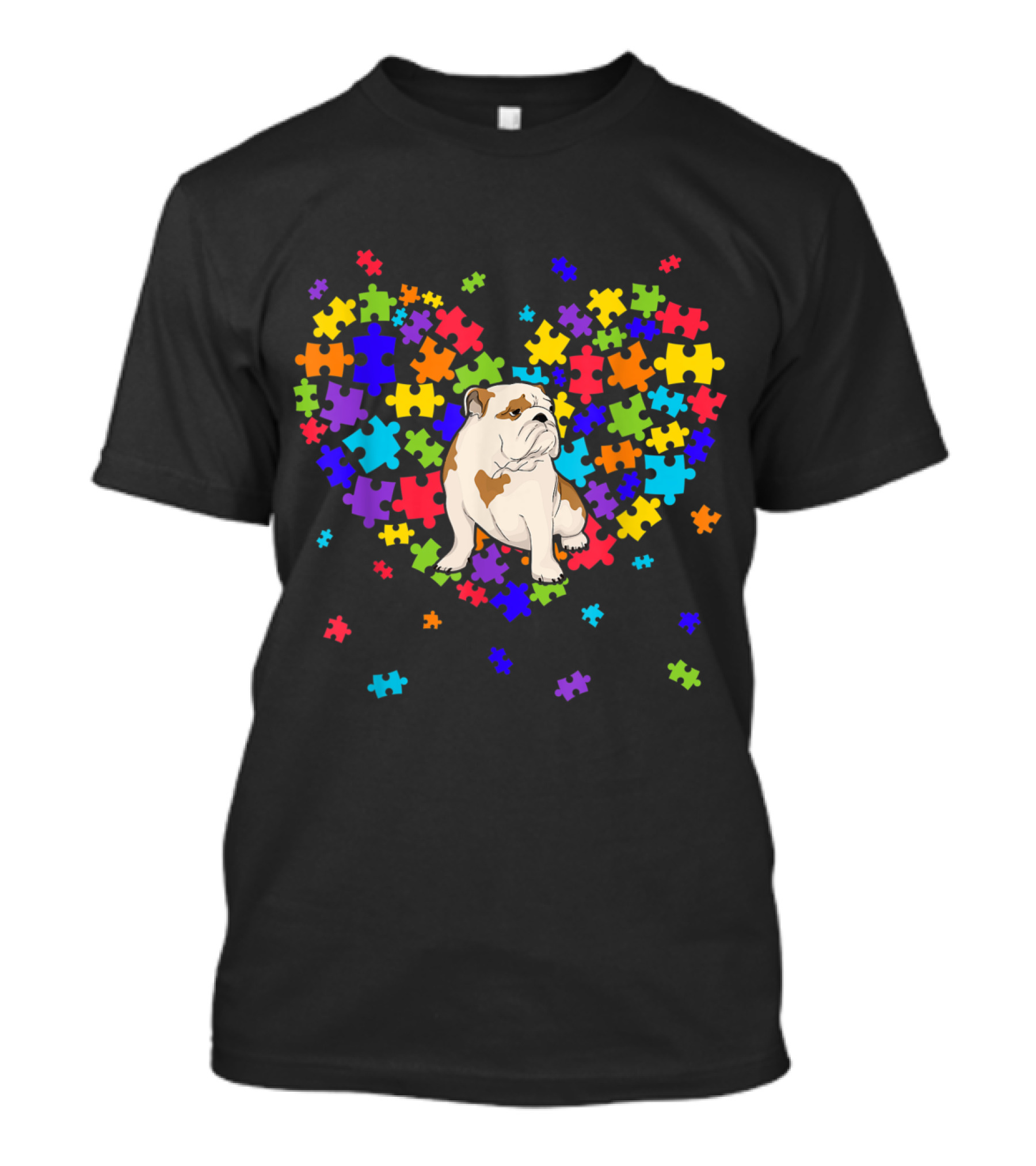 Autism Awareness Colorful Puzzle Heart English Bulldog T-Shirt