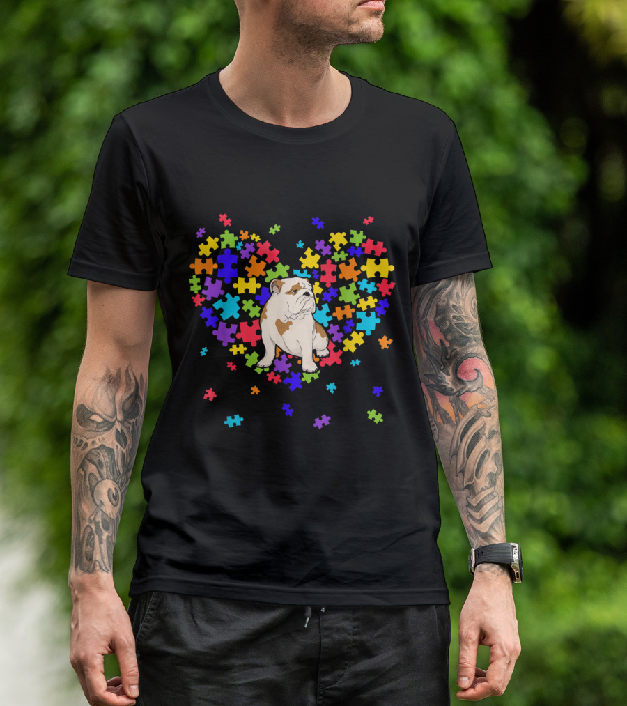 Autism Awareness Colorful Puzzle Heart English Bulldog T-Shirt