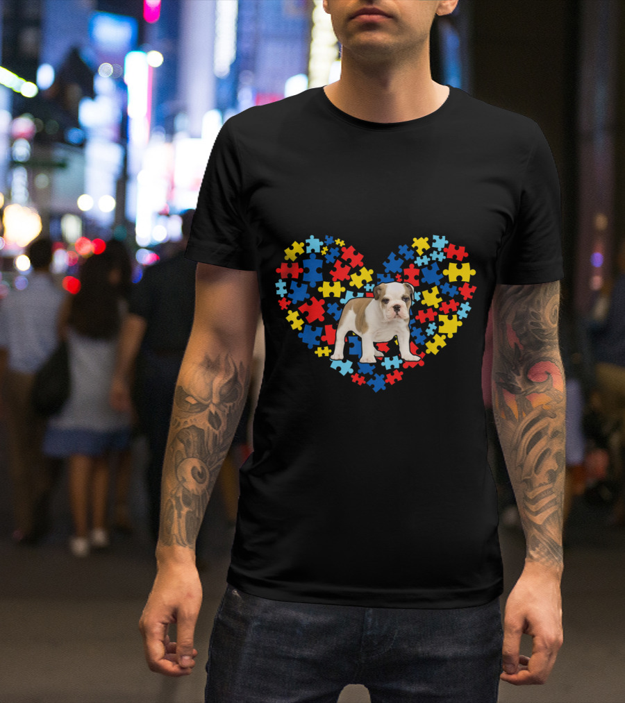 Autism Awareness Puzzle Heart English Bulldog Dog Dad T-Shirt