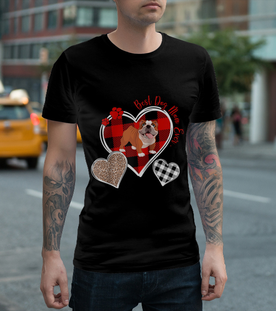 Best Dog Mom Ever English Bulldog Red Buffalo Plaid Heart T-Shirt