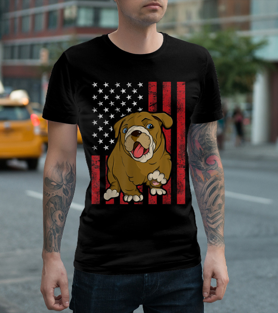 Bulldog Puppy Over American Distressed Flag T-Shirt