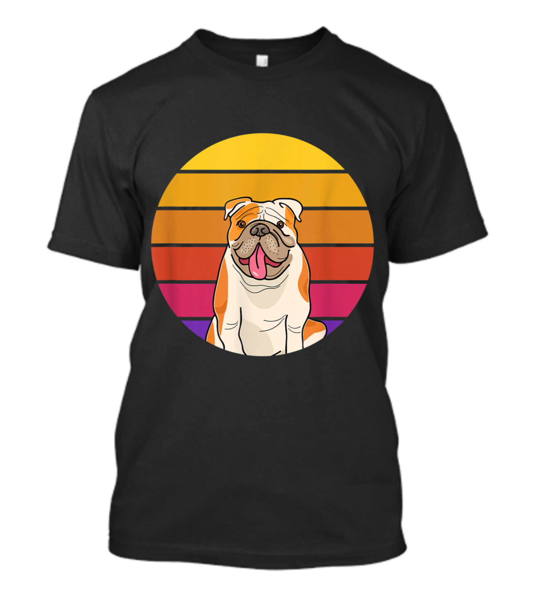 Cute Funny Retro English Bulldog With A Smile Vintage Sunset Stripes T-Shirt