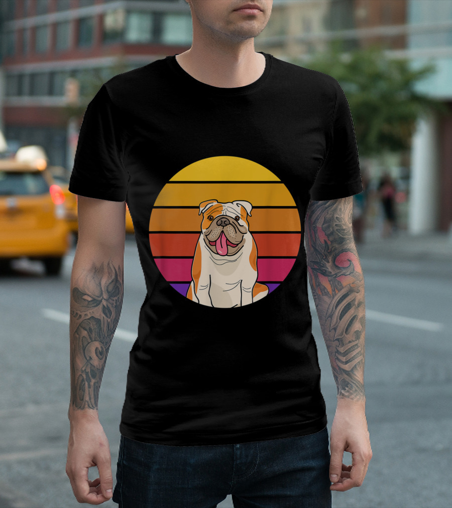 Cute Funny Retro English Bulldog With A Smile Vintage Sunset Stripes T-Shirt