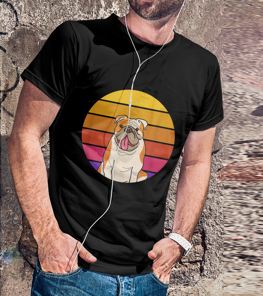 Cute Funny Retro English Bulldog With A Smile Vintage Sunset Stripes T-Shirt