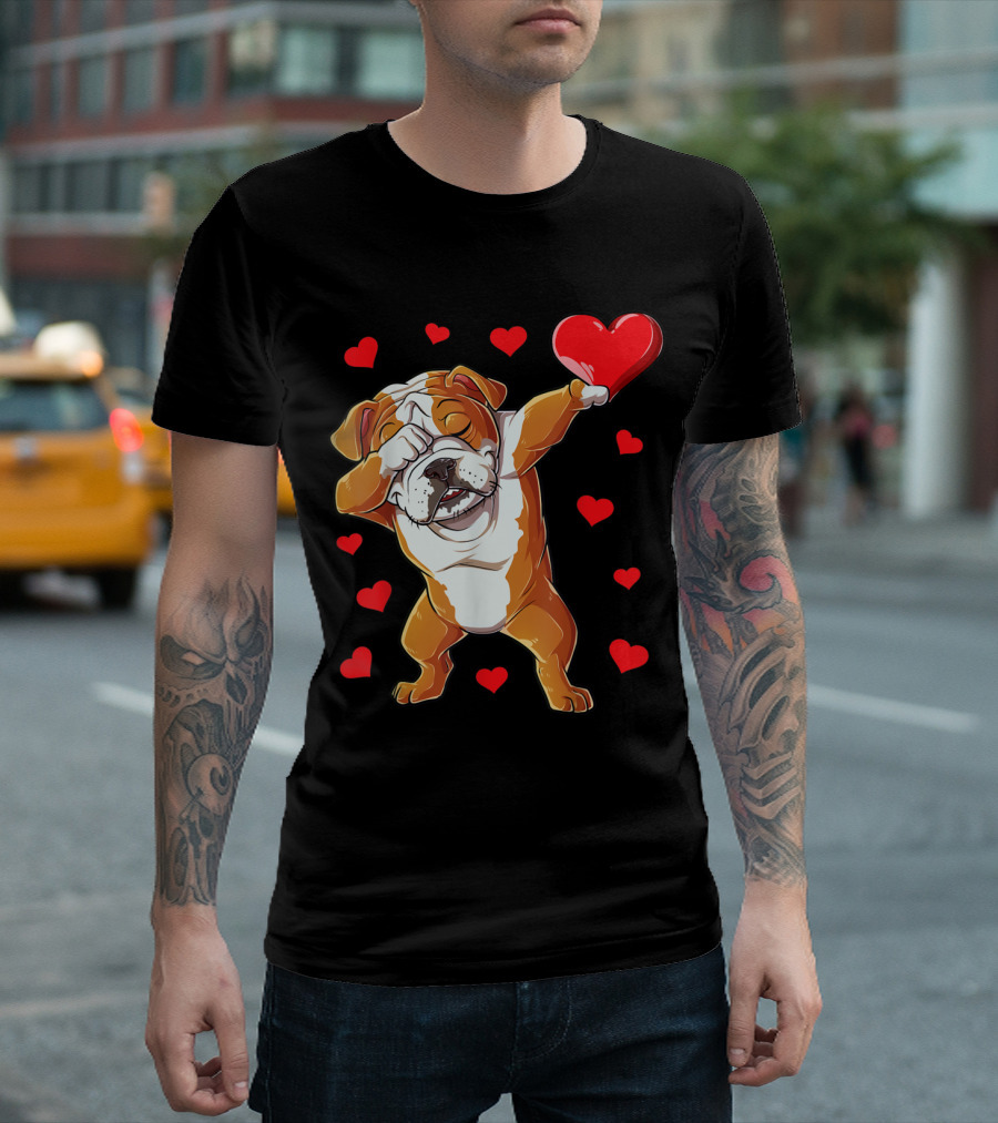 Dabbing English Bulldog Holding Heart Surrounded By Red Hearts Valentines Day T-Shirt