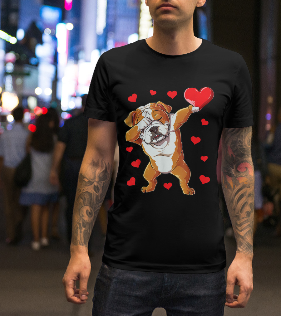 Dabbing English Bulldog Holding Heart Surrounded By Red Hearts Valentines Day T-Shirt