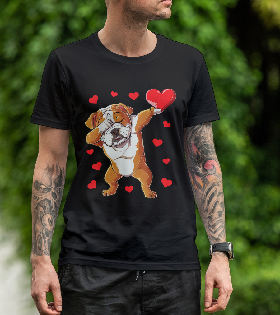 Dabbing English Bulldog Holding Heart Surrounded By Red Hearts Valentines Day T-Shirt