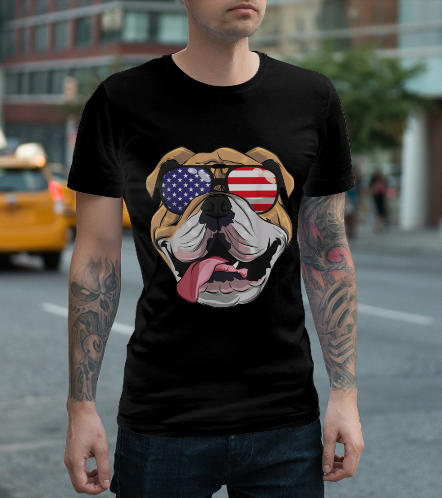 English Bulldog Wearing American Flag Sunglasses 4th Of July T-Shirt