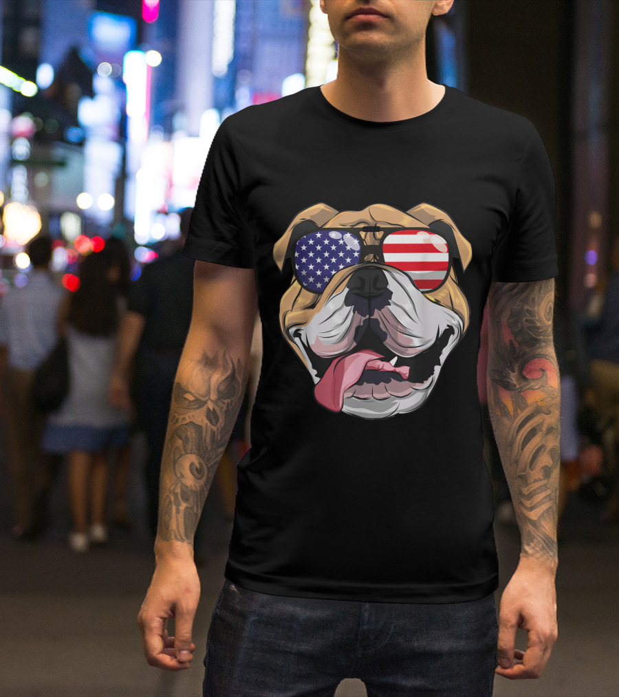 English Bulldog Wearing American Flag Sunglasses 4th Of July T-Shirt